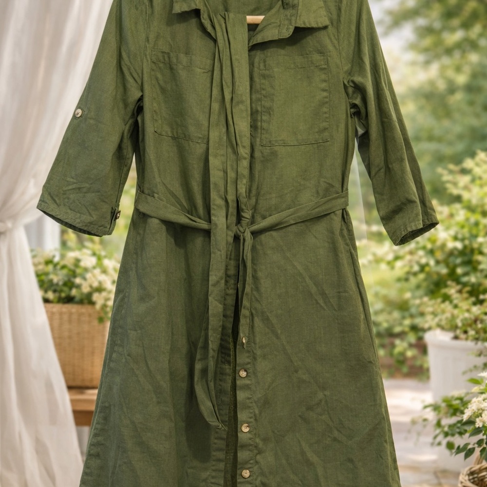 SHEIN Olive Green Button-Front Linen Trench Dress with Belt